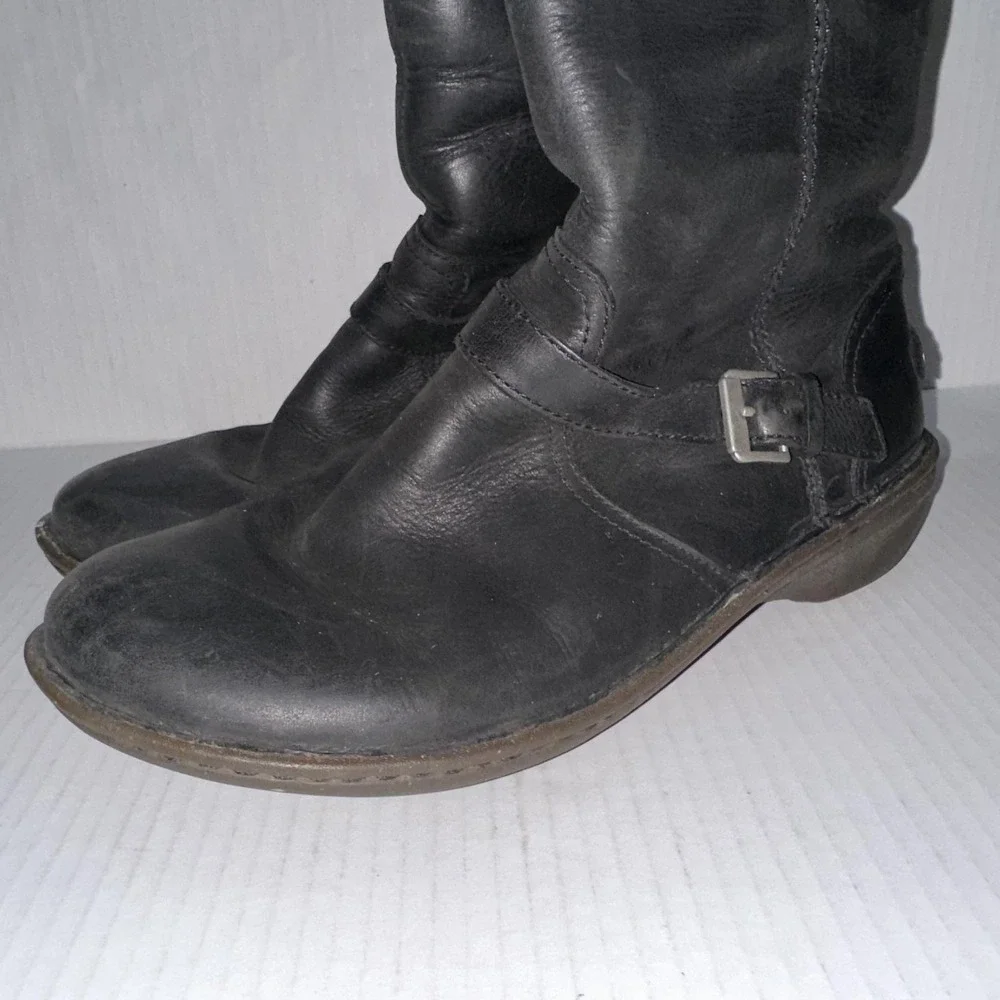 UGG Biker Boots Womens 8 Black Leather Tupelo Mid Calf‎ Zip Buckle Wedge